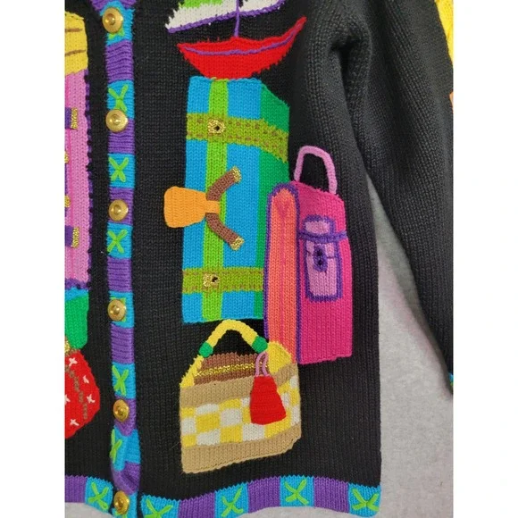 Storybook Knits Vintage Travel Cardigan Medium Black Suitcase Globe Sailboat - Picture 3 of 13